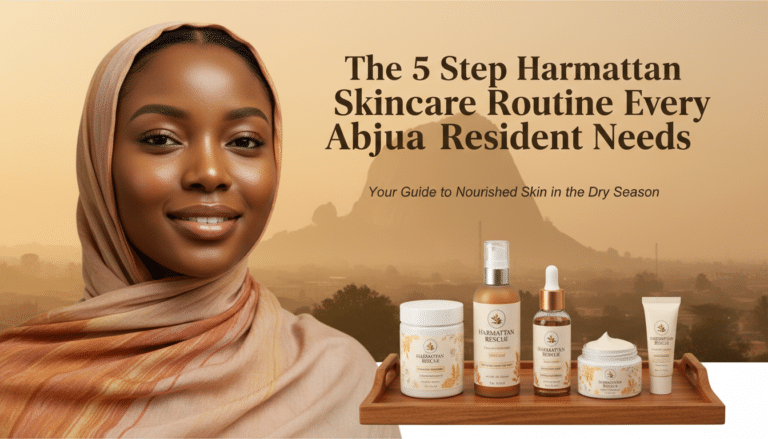 Woman in headscarf with Harmattan skincare products display