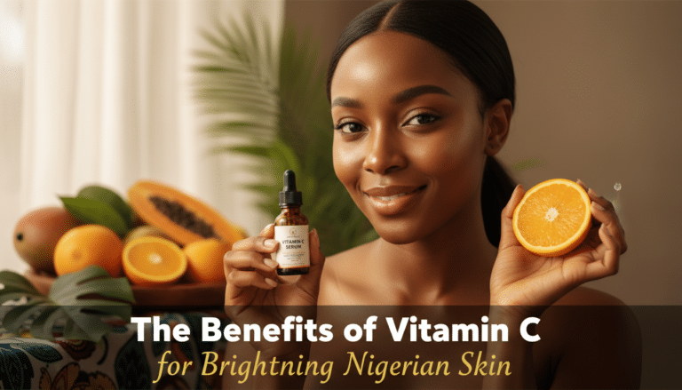 Woman holding vitamin C serum and orange slice