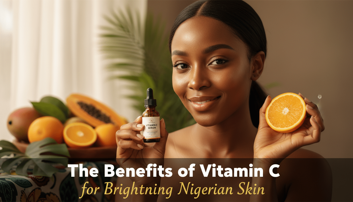 Woman holding vitamin C serum and orange slice