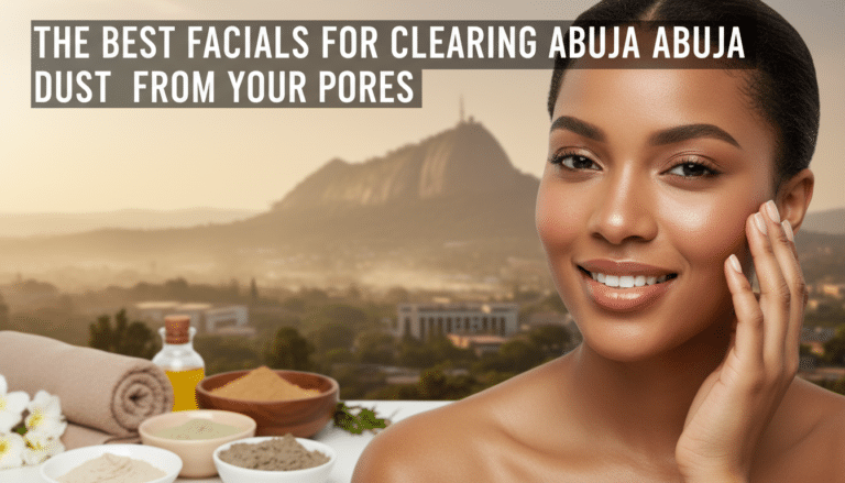 Woman with skincare products, Abuja skyline backdrop
