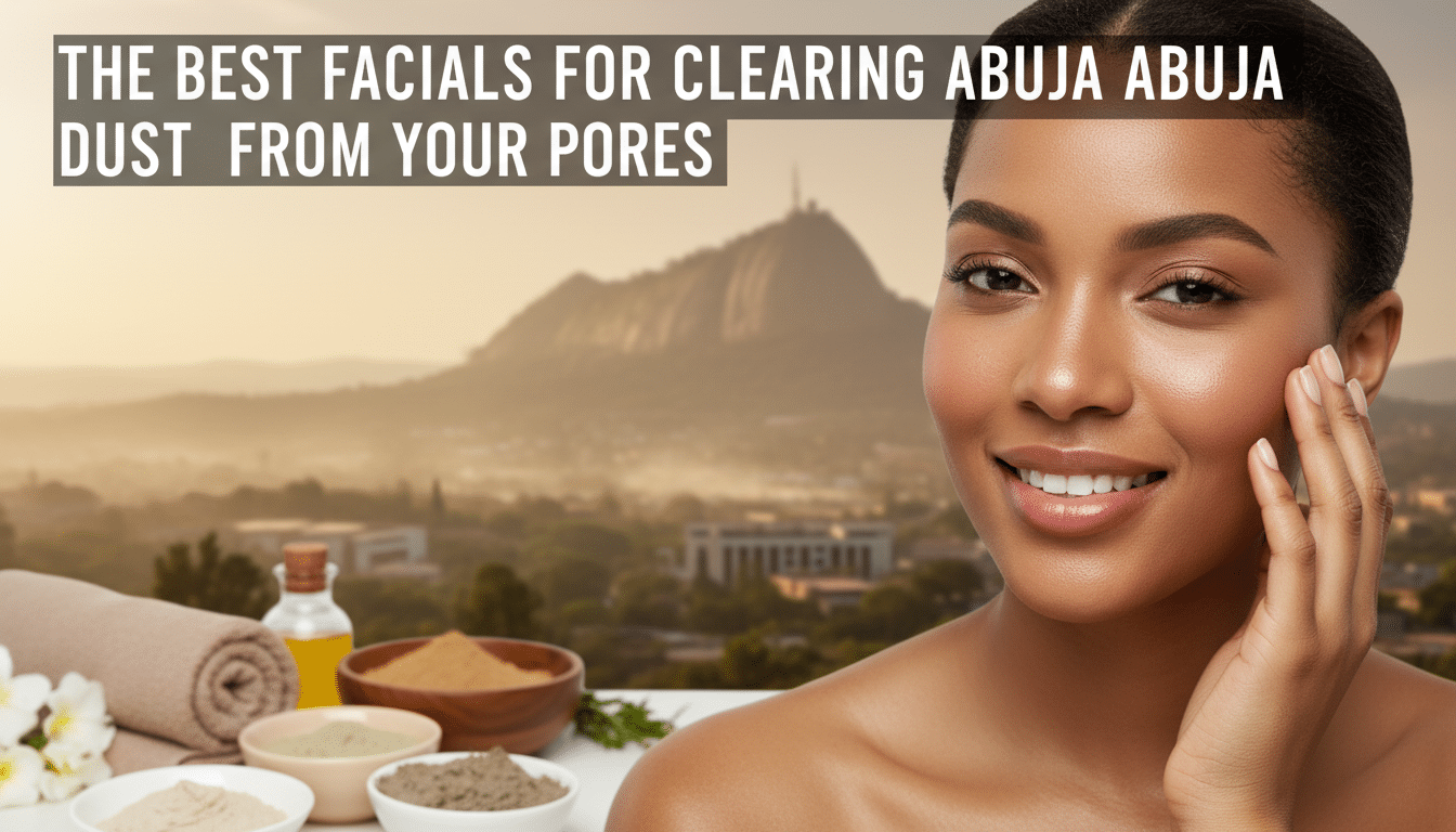 Woman with skincare products, Abuja skyline backdrop
