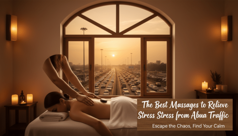 Woman receiving hot stone massage overlooking traffic at sunset