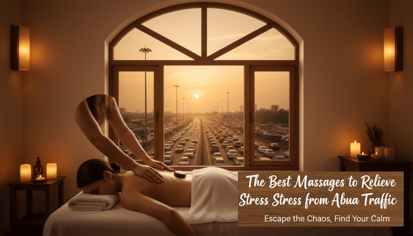Woman receiving hot stone massage overlooking traffic at sunset
