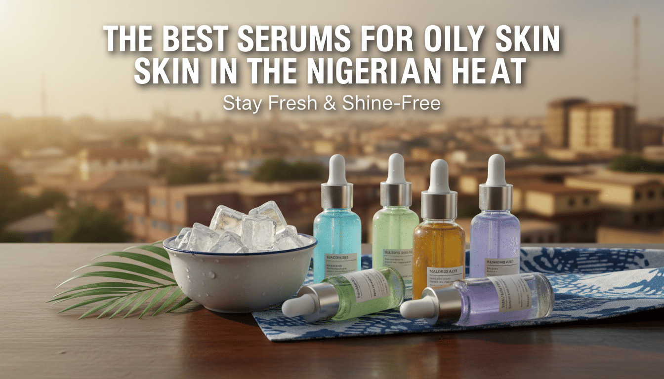Skincare serums with ice against Nigerian city backdrop