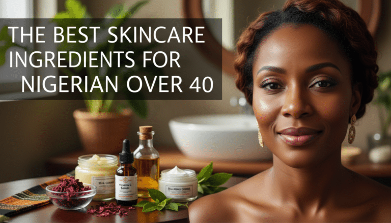Woman with skincare products and over-40 advice text
