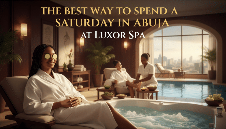Woman relaxing in Abuja spa with city view