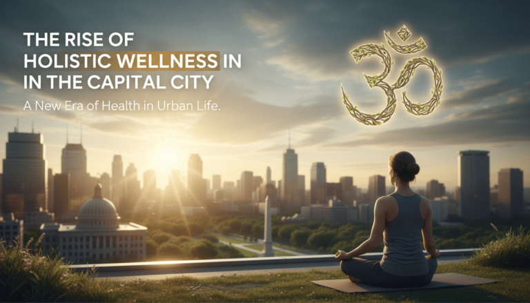 Woman meditating overlooking city skyline at sunrise