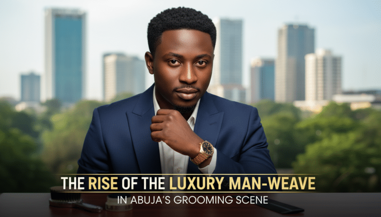 Well-dressed man with Abuja skyline and headline text