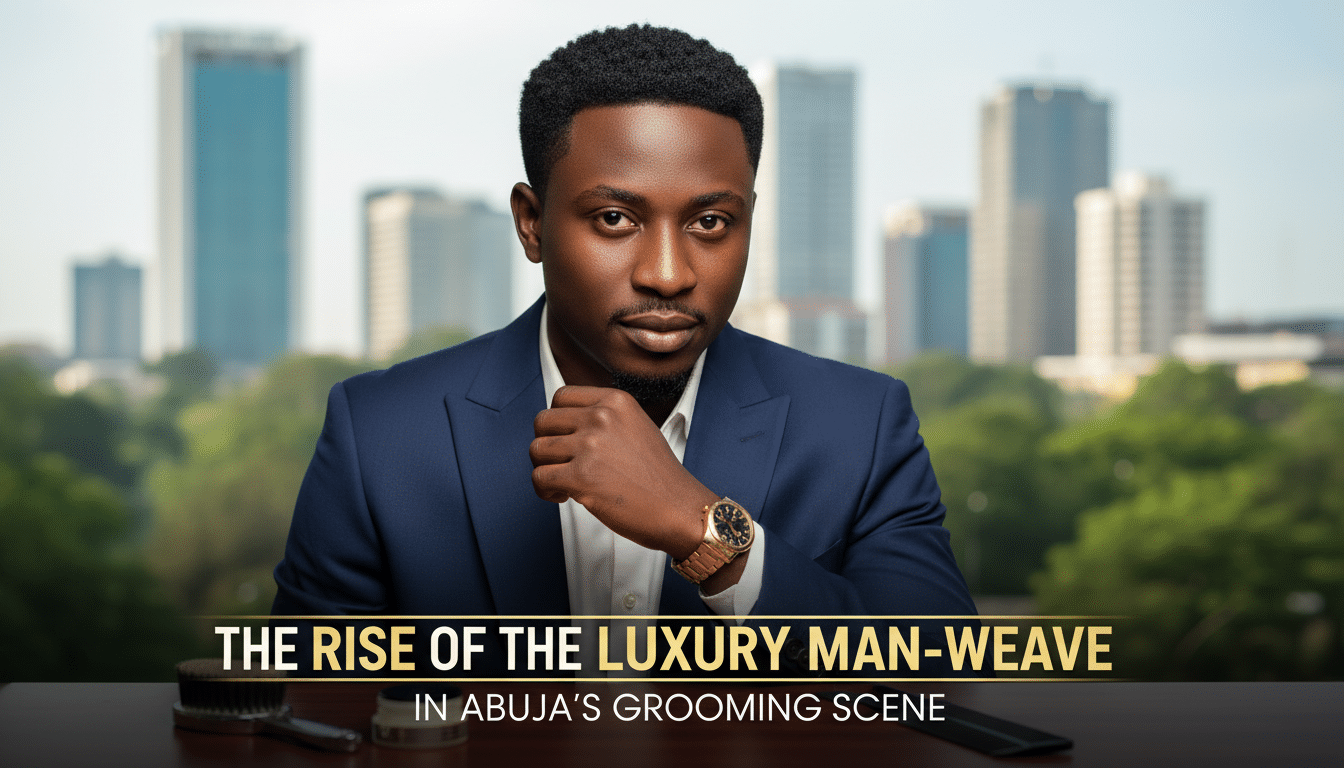 Well-dressed man with Abuja skyline and headline text