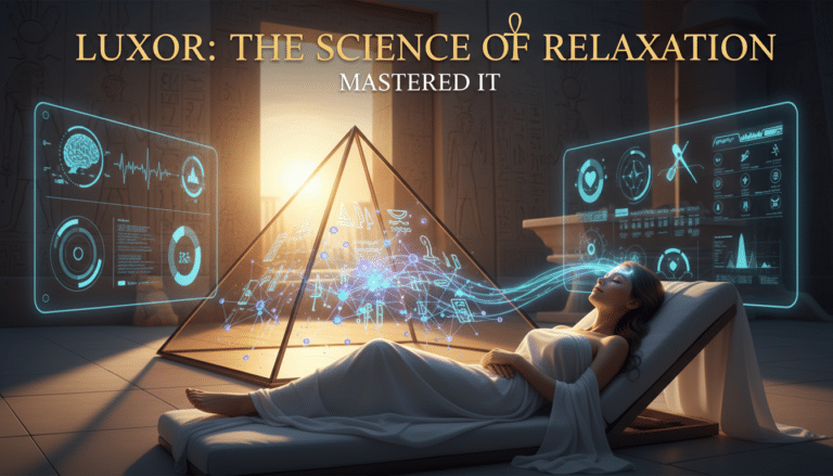 Woman relaxing before glowing pyramid with holographic health data