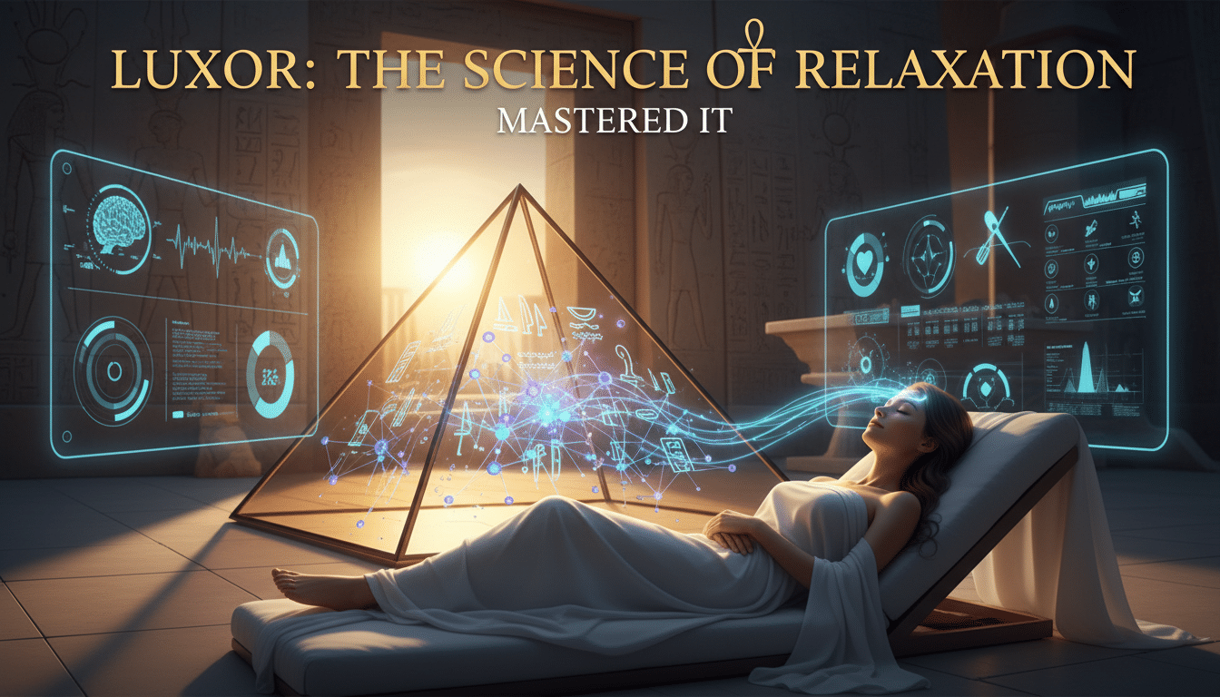 Woman relaxing before glowing pyramid with holographic health data