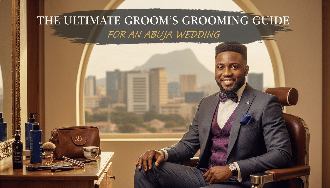 Well-dressed groom in barber chair with Abuja skyline