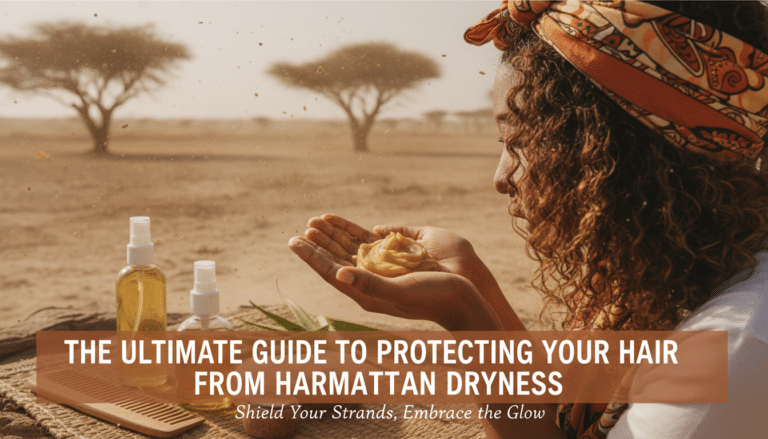 Woman applying hair product in dusty savannah landscape