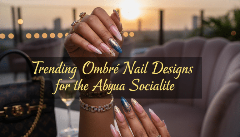 Ombre manicure with glitter at sunset rooftop setting