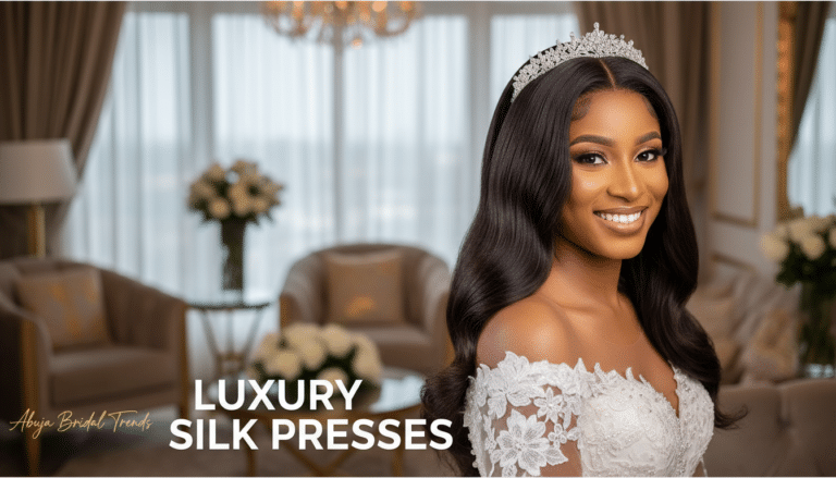 Bride with tiara and silk press hairstyle