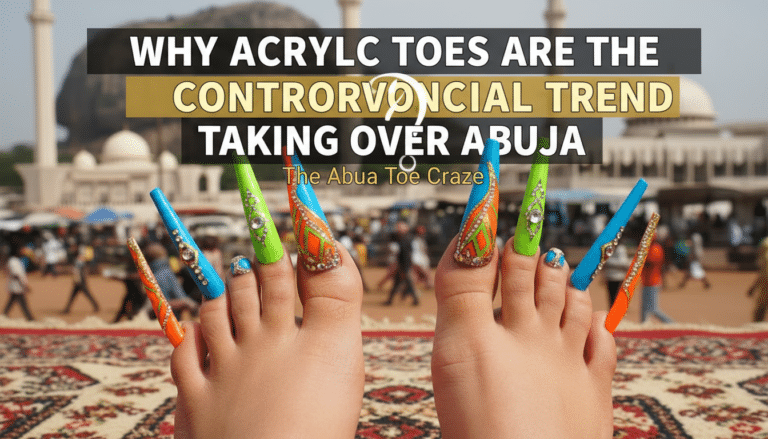 Colourful long acrylic toenails against Abuja mosque backdrop