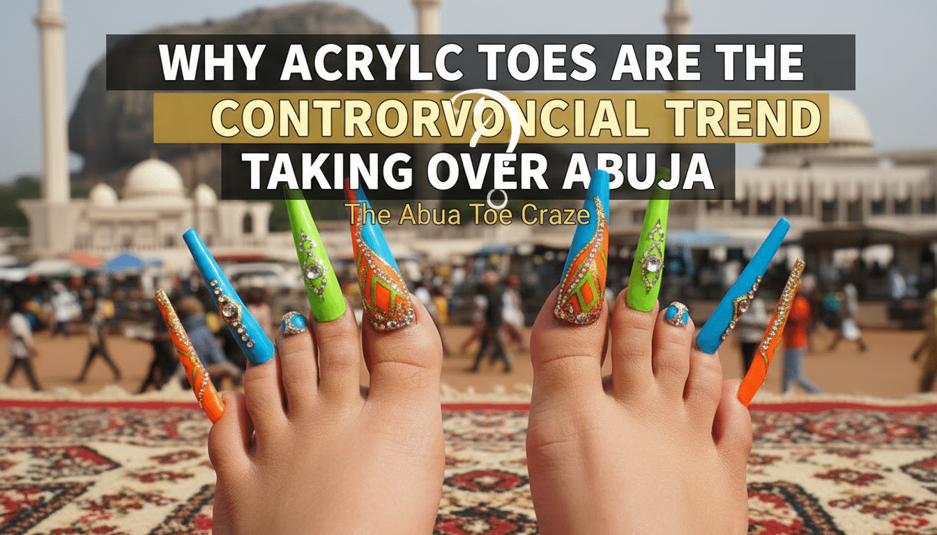 Colourful long acrylic toenails against Abuja mosque backdrop