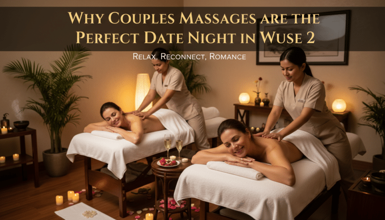 Couples enjoying relaxing spa massage with candles