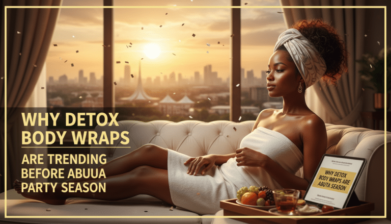 Woman in towel promoting Abuja detox body wraps