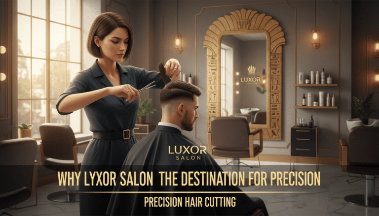 Hairdresser giving man precision haircut in luxury salon