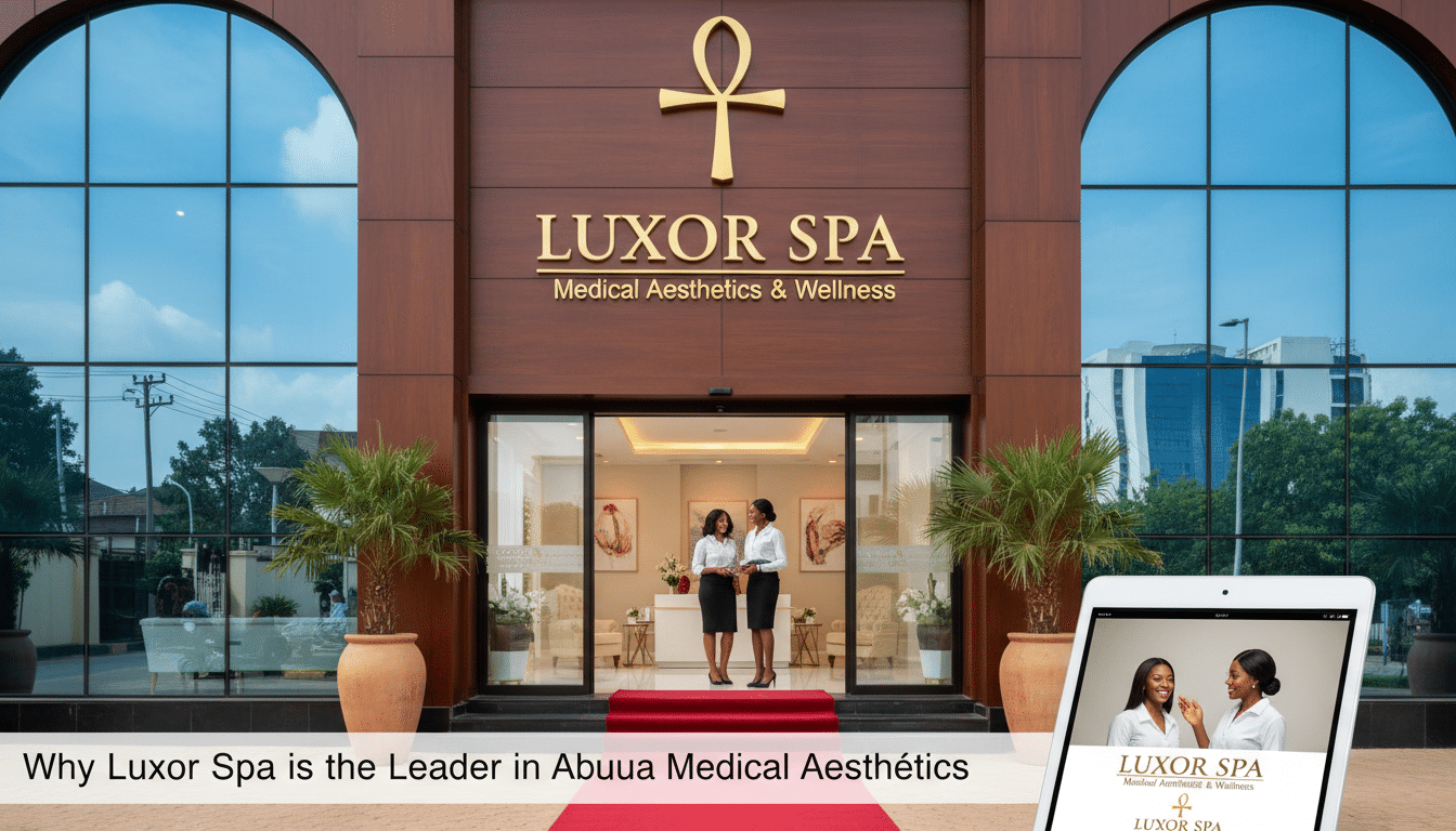 Luxor Spa storefront with two staff outside entrance