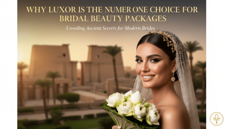 Bride with bouquet before Luxor temple at sunset