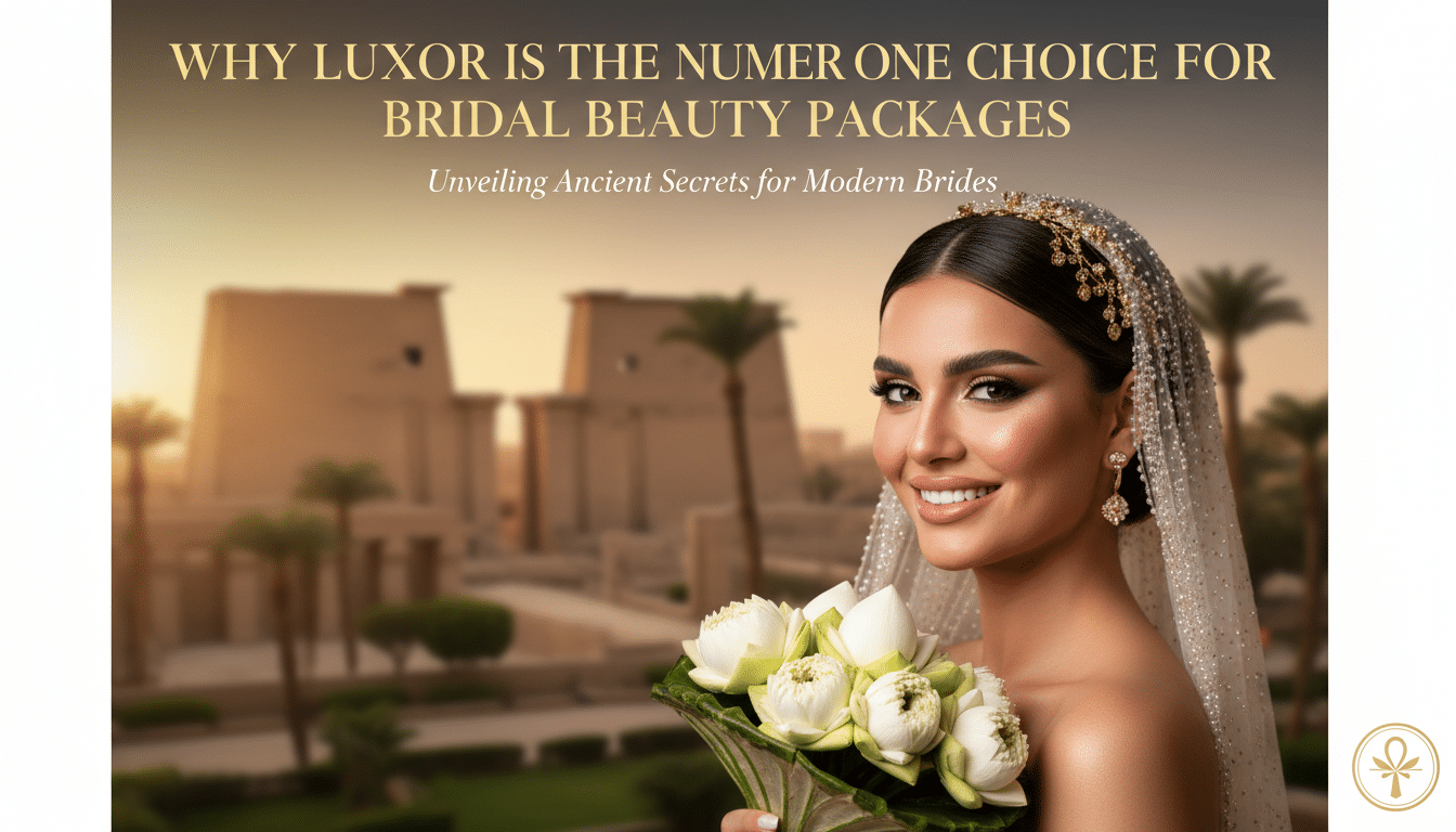 Bride with bouquet before Luxor temple at sunset