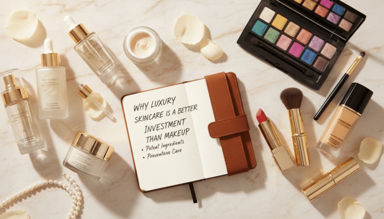 Luxury skincare and makeup arranged around open notebook