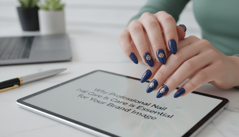 Manicured blue nails over tablet about nail care