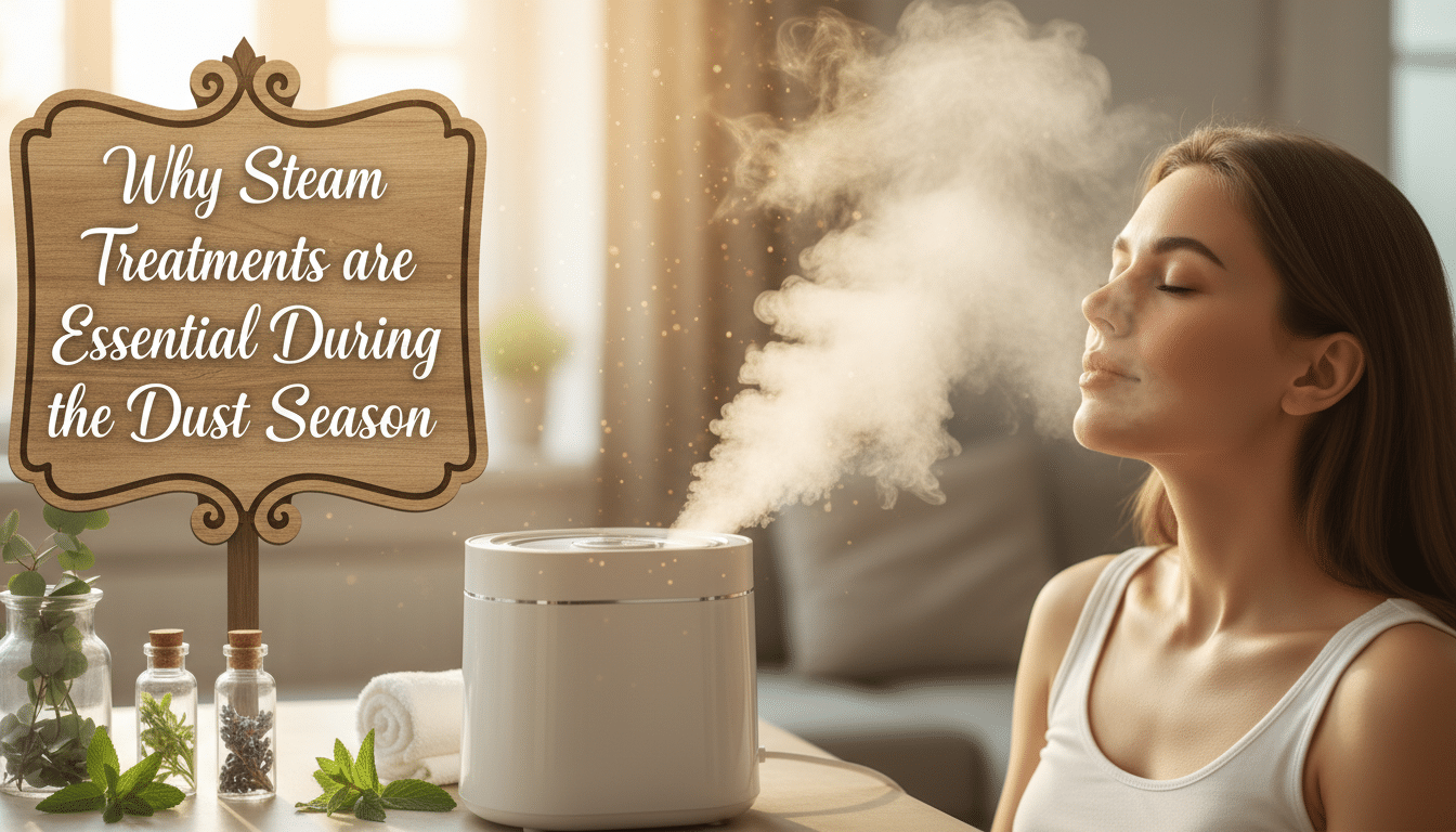 Woman inhaling steam from humidifier during dust season
