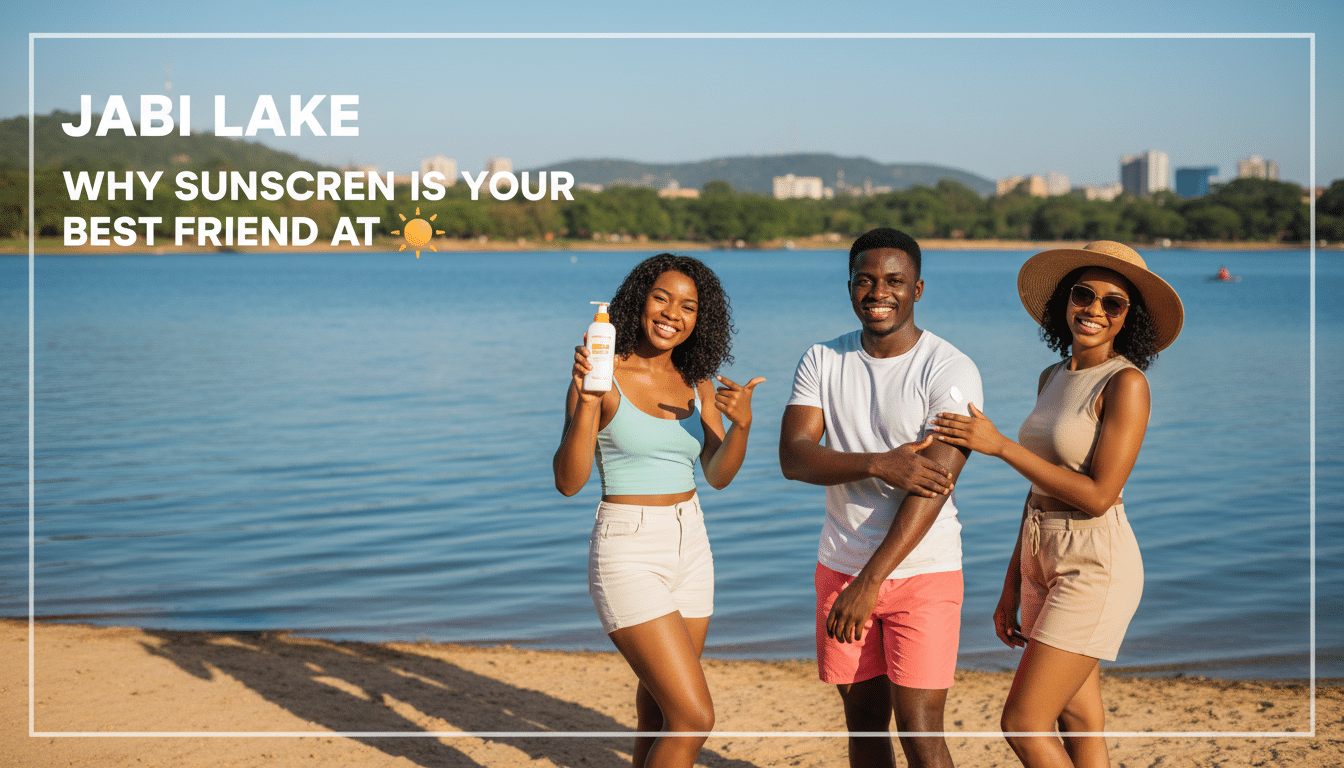 Three friends promoting sunscreen by a sunny lake