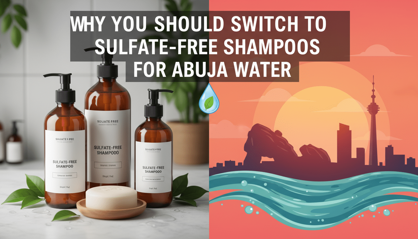 Sulfate-free shampoo bottles with Abuja water illustration