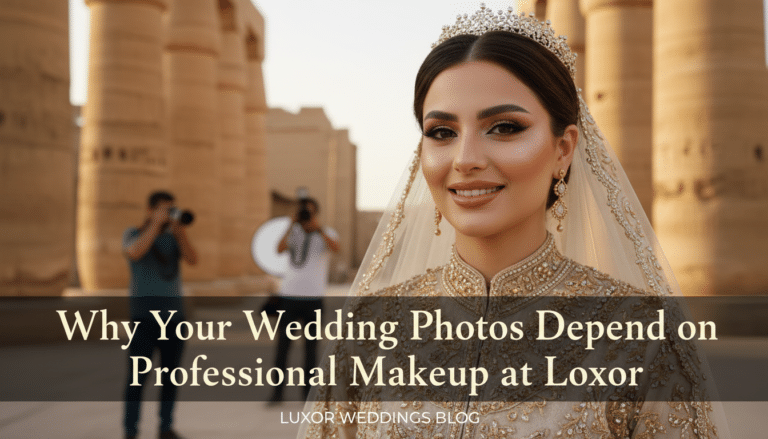 Bride in ornate gown at Luxor temple