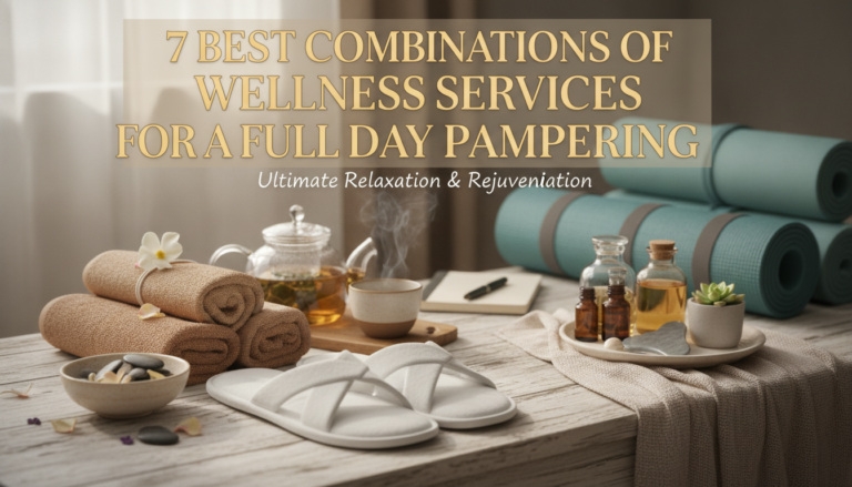 Spa setup with towels, oils, tea and mats