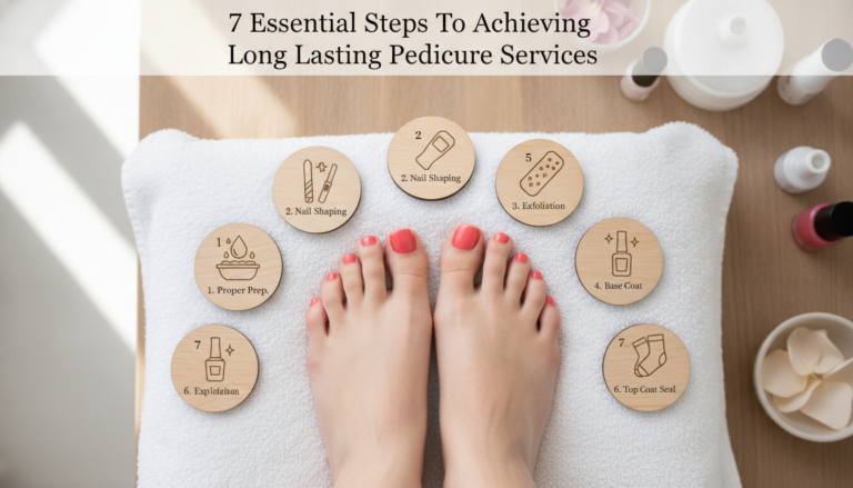Pedicured feet with seven-step pedicure guide graphic