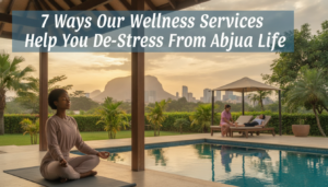 Woman meditating by pool with Abuja skyline sunset
