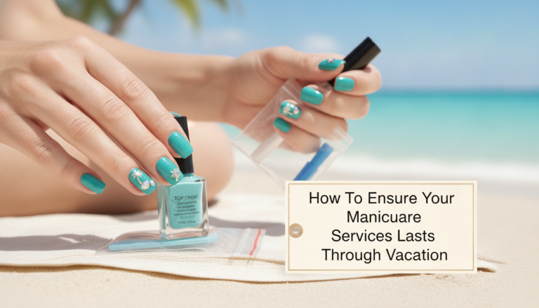 Turquoise manicure on beach with nail polish bottle
