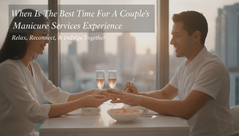 Couple enjoying romantic manicure with champagne and city view