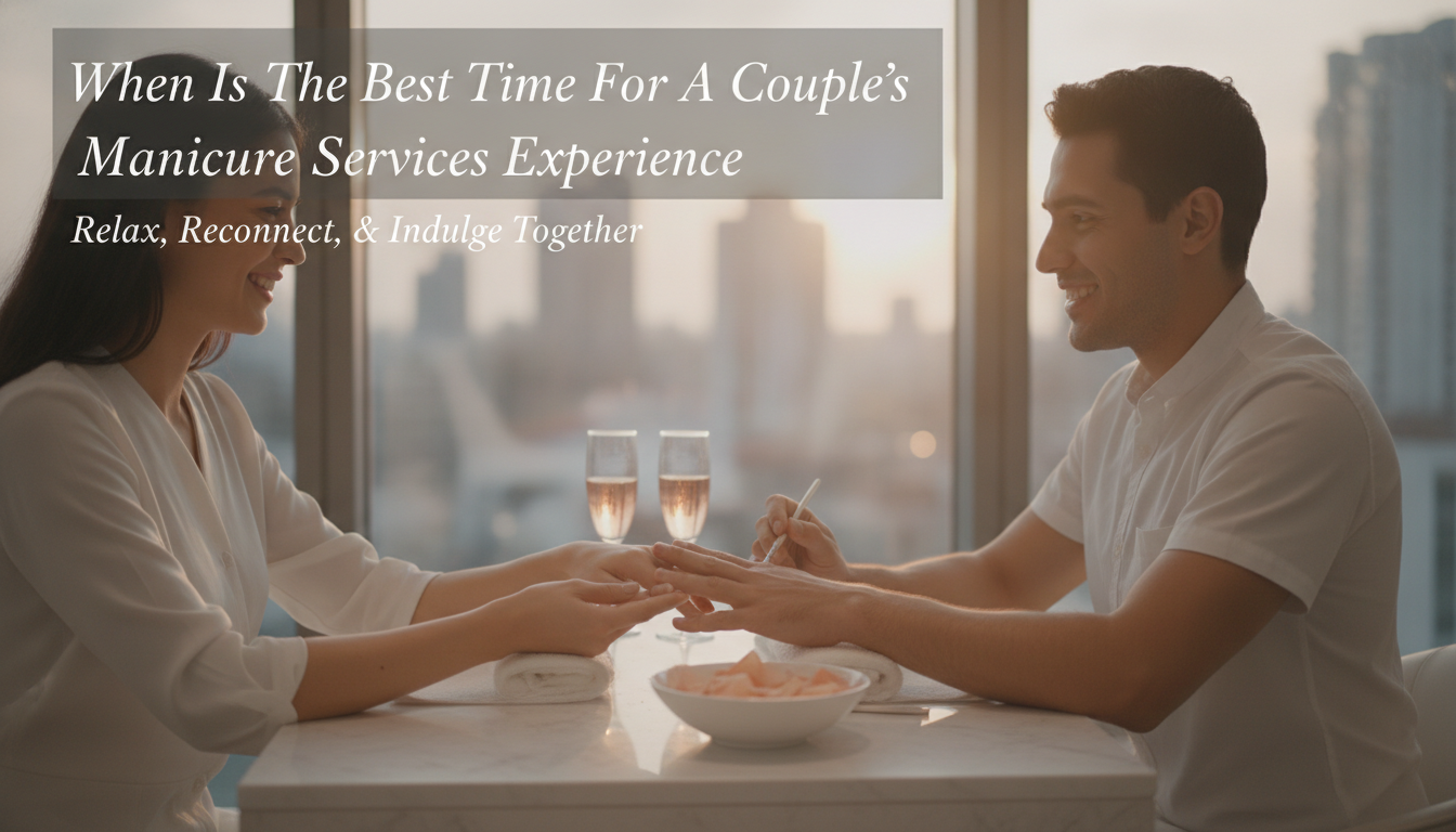 Couple enjoying romantic manicure with champagne and city view