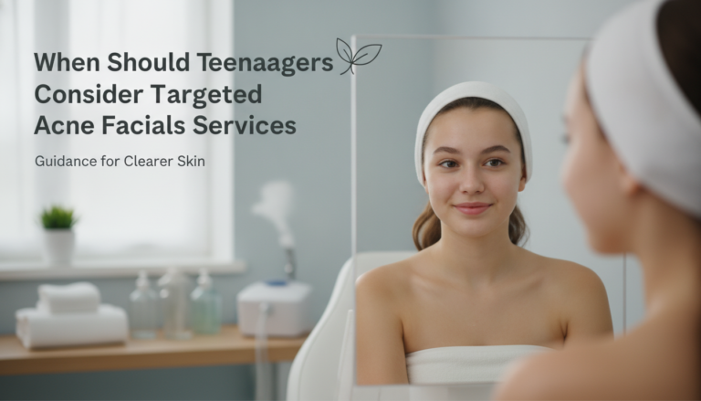 Teenage girl examining skin before acne facial