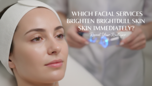 Woman receiving blue light facial treatment in clinic