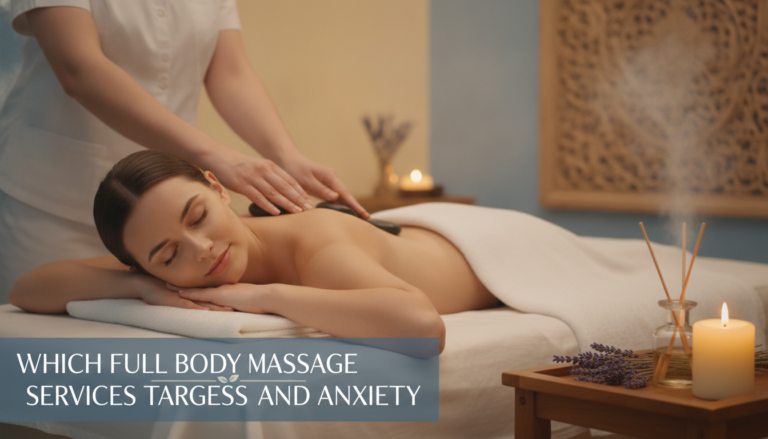 Woman receiving relaxing back massage in candlelit spa