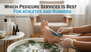 Athlete receiving therapeutic pedicure treatment with foot scrub