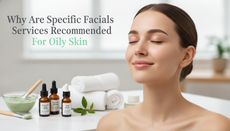 Woman enjoying facial treatment with oily skin products