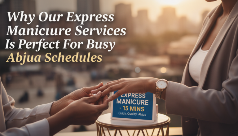 Woman receiving express manicure with city skyline backdrop