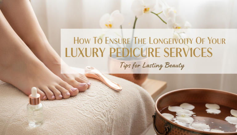 Pedicured feet in spa setting with orchids