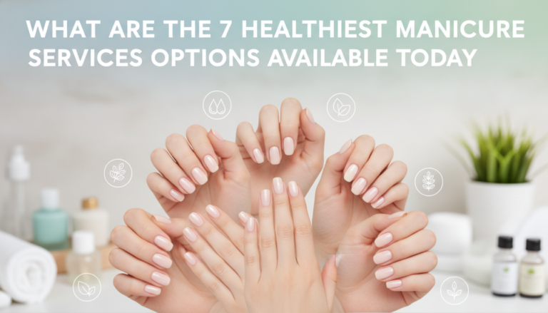 Multiple manicured hands with pale pink nails display