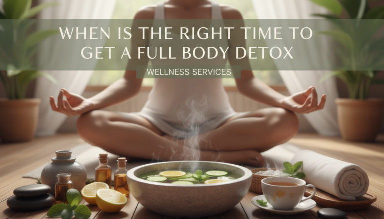 Woman meditating with detox spa setup and herbs