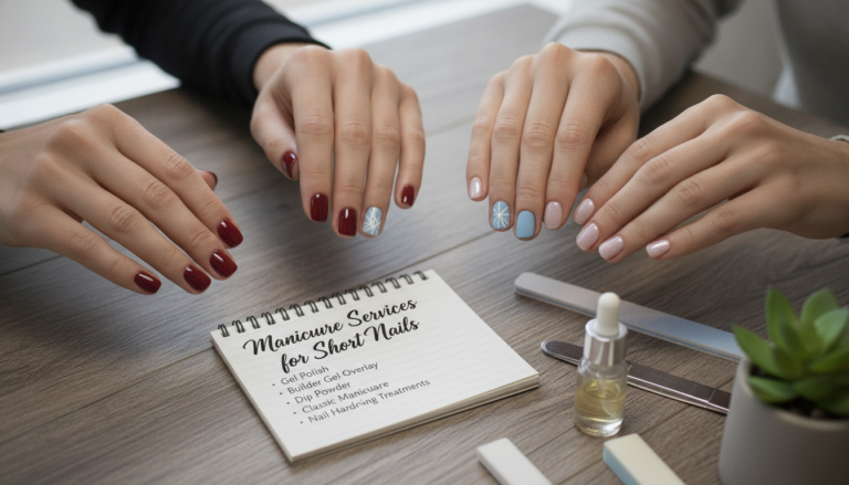 Four manicured hands above nail salon services list