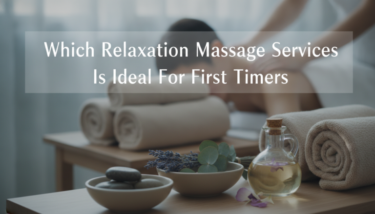 Spa massage setting with towels, oils and stones
